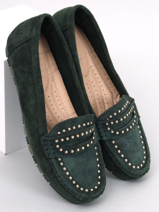 Mocassini da donna verde scuro in camoscio con borchie