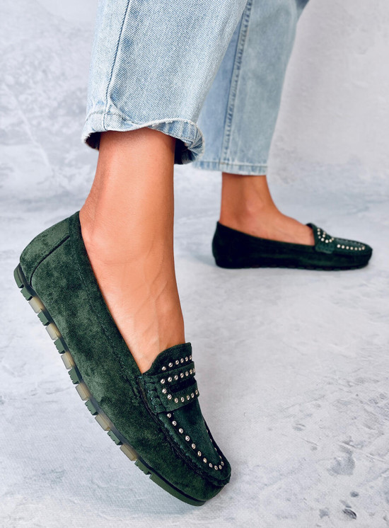 Mocassini da donna verde scuro in camoscio con borchie