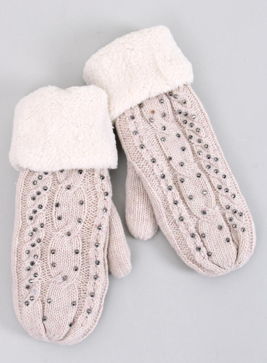Guanti-muffole da donna decorati di colore beige chiaro
