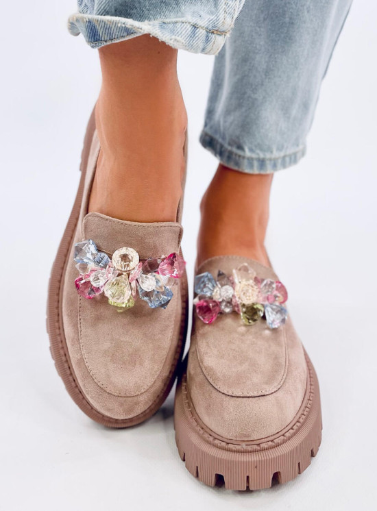 Mocassini beige con cristalli decorativi