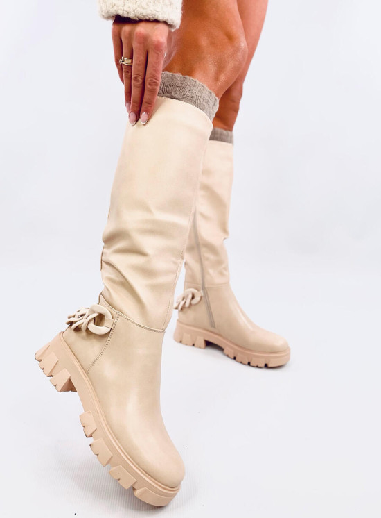 Stivali alti beige con catena