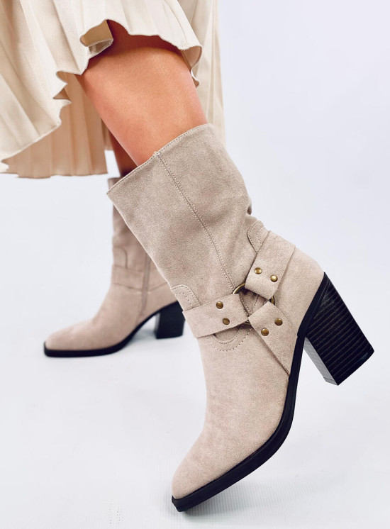 Stivali texani in camoscio con tacco beige