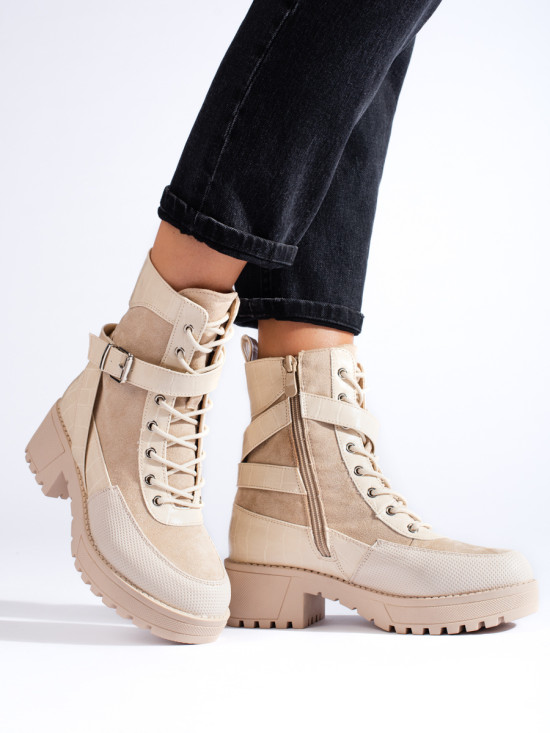 Stivaletti beige con allacciatura e cerniera