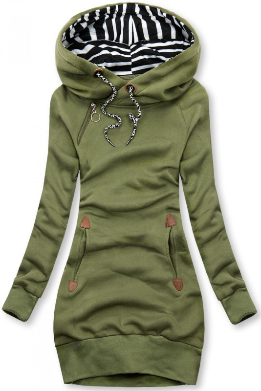 Felpa lunga verde kaki con cappuccio