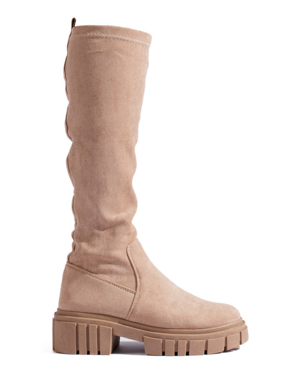Stivali alti in pelle scamosciata con suola spessa beige chiaro