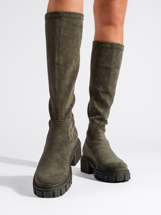 Stivali alti in pelle scamosciata con suola spessa kaki