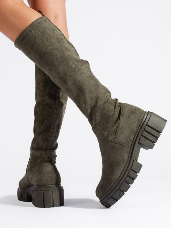 Stivali alti in pelle scamosciata con suola spessa kaki