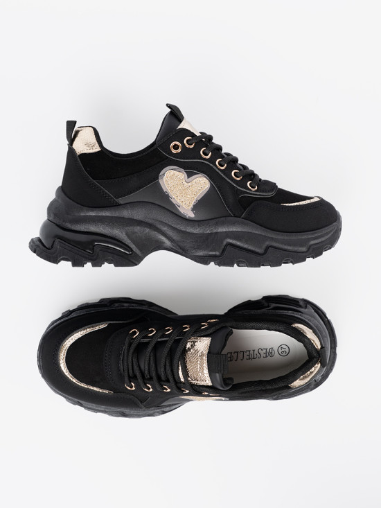 Sneakers nere con cuore dorato