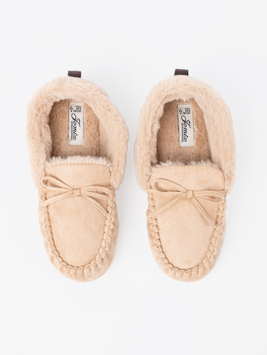 Pantofole beige calde con fiocco
