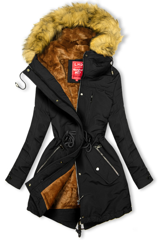Parka nero con pelliccia sul cappuccio