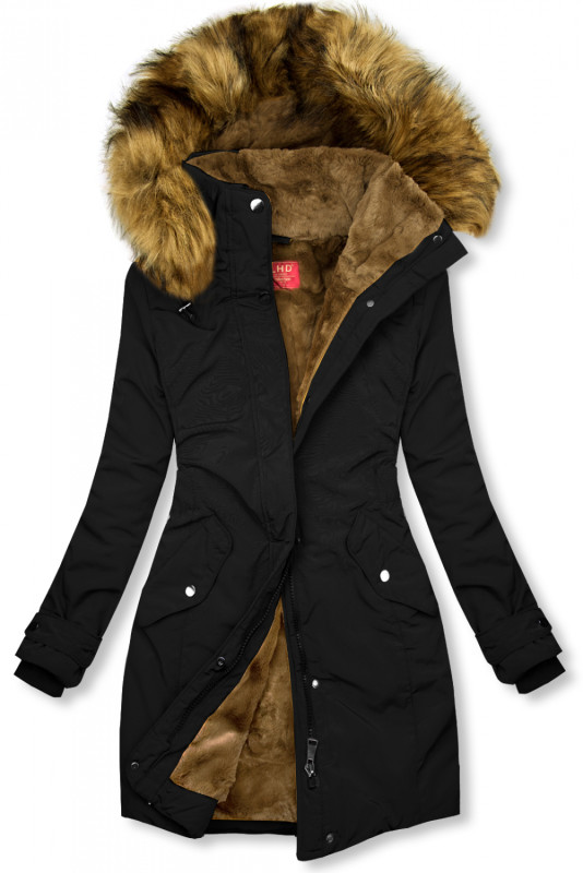 Parka invernale nera con peluche marrone