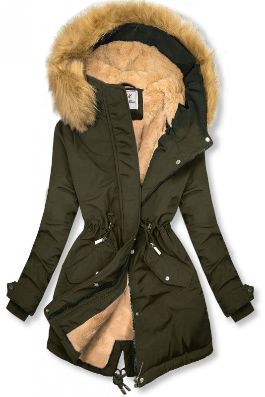 Parka kaki invernale con fodera beige