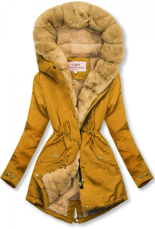 Parka gialla-beige con bordo in pelliccia