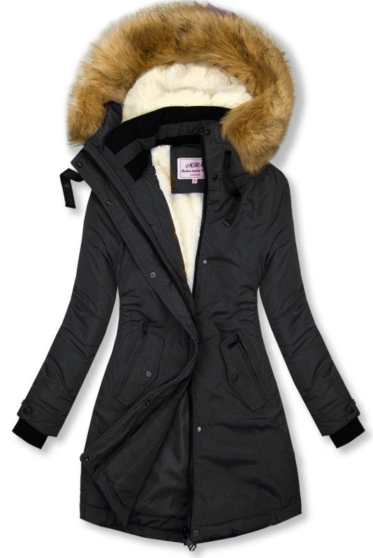 Giacca invernale allungata nera con pelliccia beige