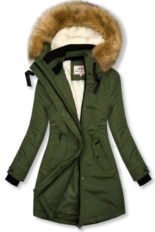 Giacca invernale allungata verde oliva con pelliccia beige