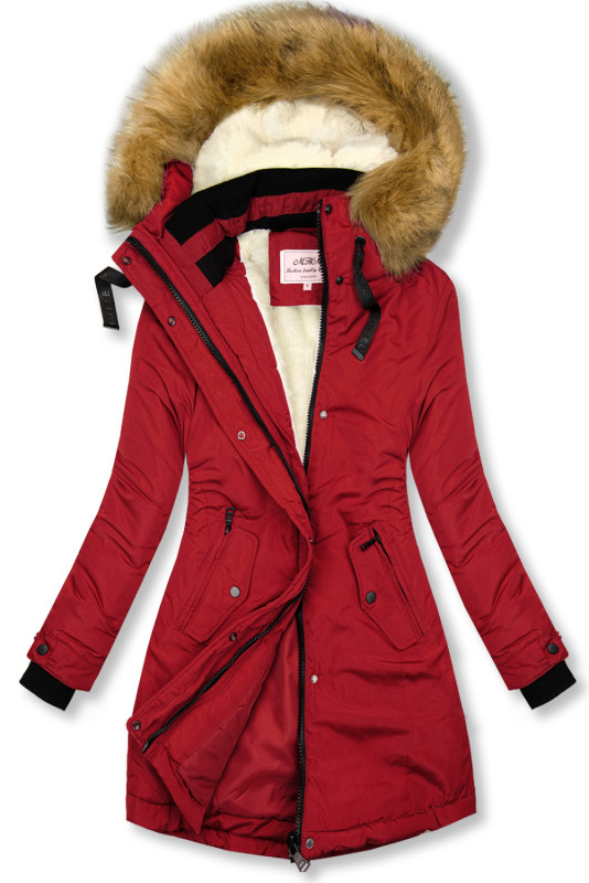 Giacca invernale allungata rossa con pelliccia beige
