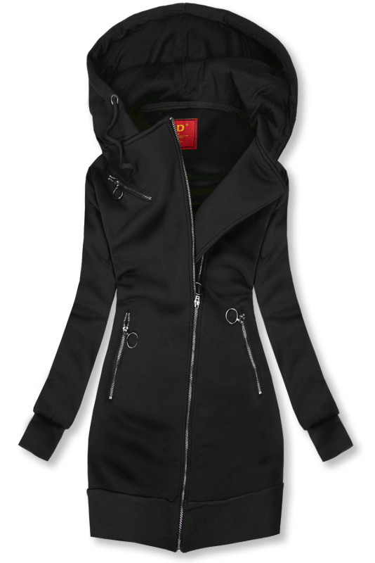 Felpa lunga nera con cerniera asimmetrica