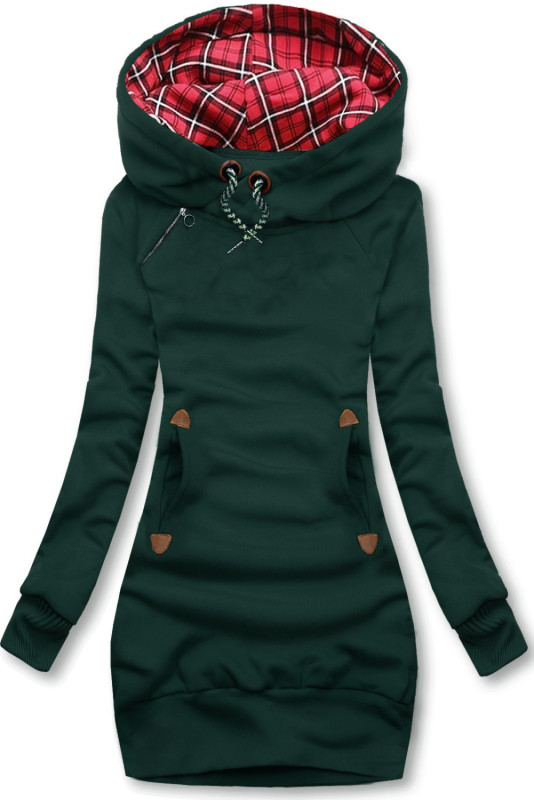 Felpa lunga verde scuro con cappuccio a quadri