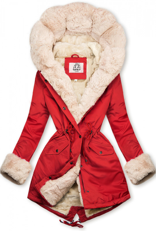 Parka rossa con bordo in pelliccia