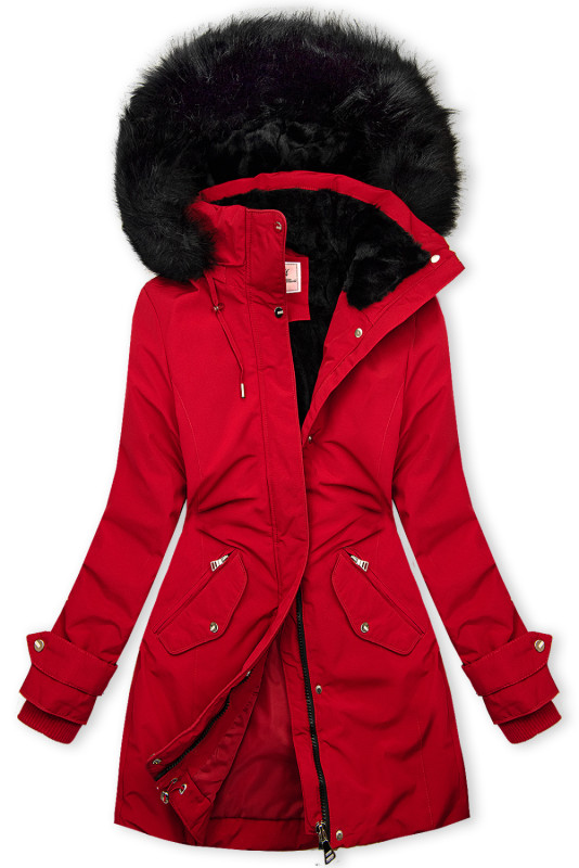 Parka esteso con pelliccia rosso/nero