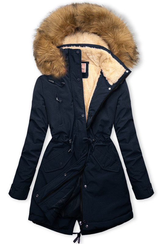 Parka blu scuro per l'inverno con fodera beige