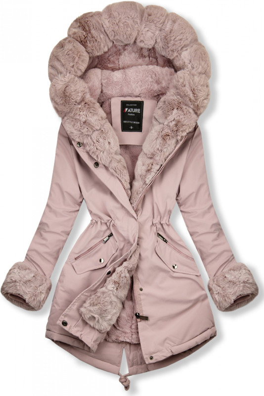 Parka rosa chiaro con bordo in pelliccia rimovibile