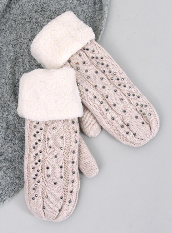 Guanti-muffole da donna decorati di colore beige chiaro