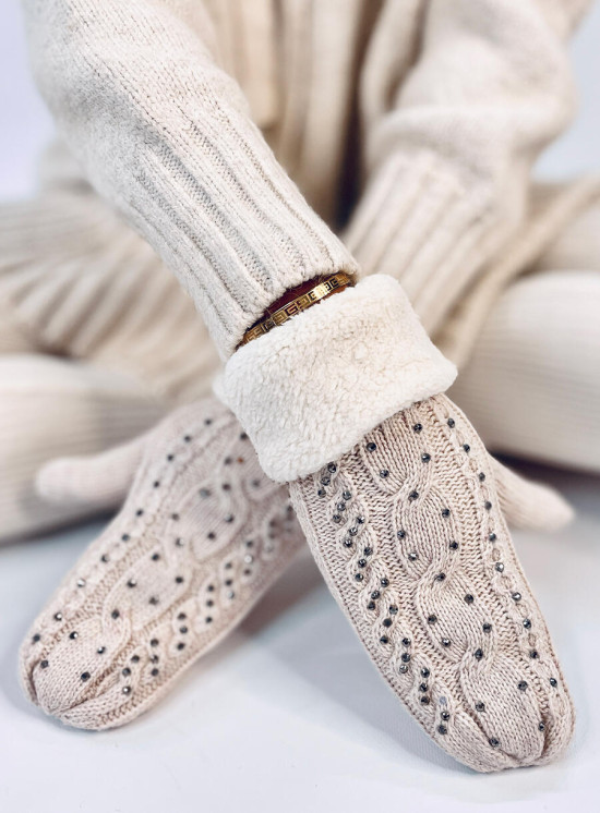 Guanti-muffole da donna decorati di colore beige chiaro