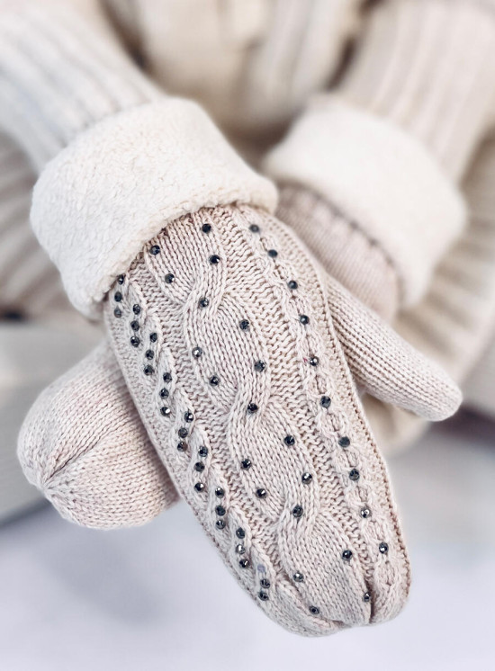 Guanti-muffole da donna decorati di colore beige chiaro