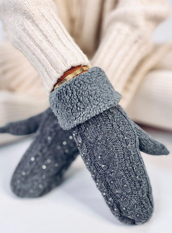 Guanti-muffole da donna decorati di colore grigio scuro