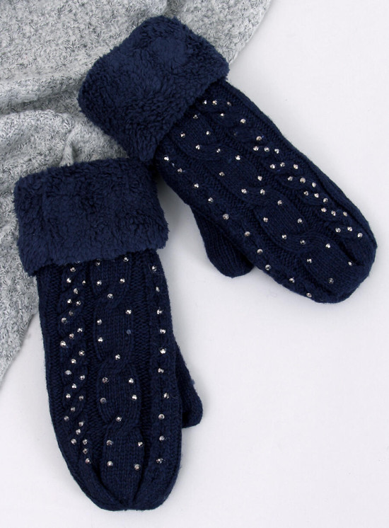 Guanti-muffole da donna decorati di colore blu scuro