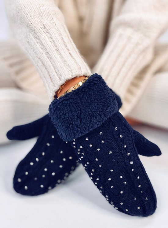 Guanti-muffole da donna decorati di colore blu scuro