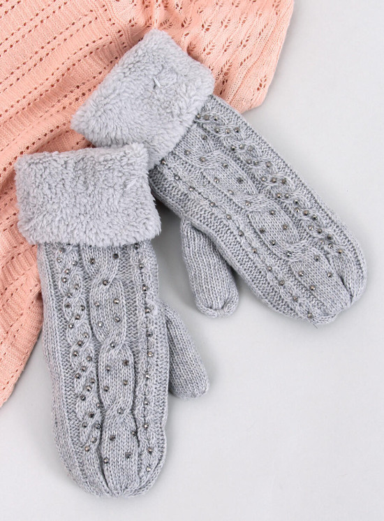 Guanti-muffole da donna decorati di colore grigio chiaro