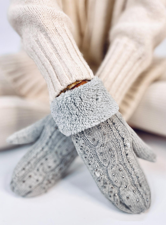 Guanti-muffole da donna decorati di colore grigio chiaro