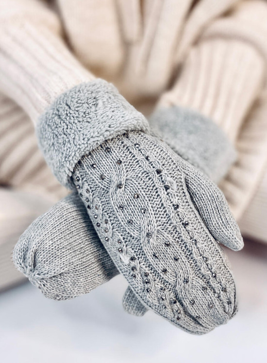 Guanti-muffole da donna decorati di colore grigio chiaro
