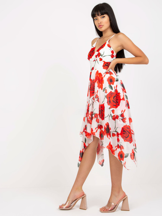 Abito bianco-rosso floreale con spalline