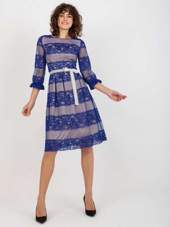 Abito cocktail midi cobalto con pizzo e cintura