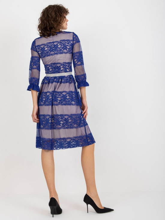 Abito cocktail midi cobalto con pizzo e cintura