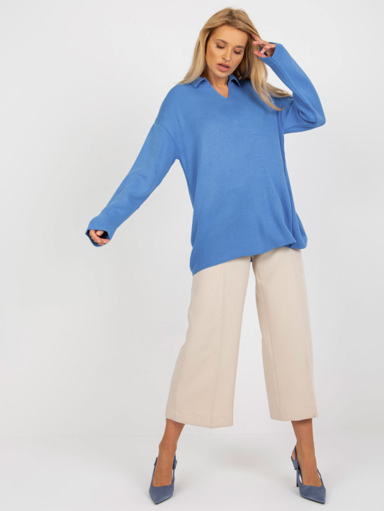 Plavi dugi oversize pulover s ovratnikom RUE PARIS