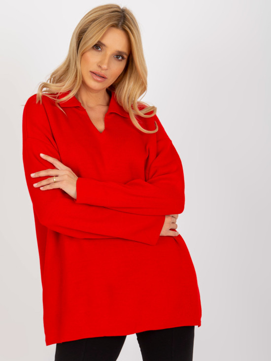 Crveni dugi oversize pulover s ovratnikom RUE PARIS