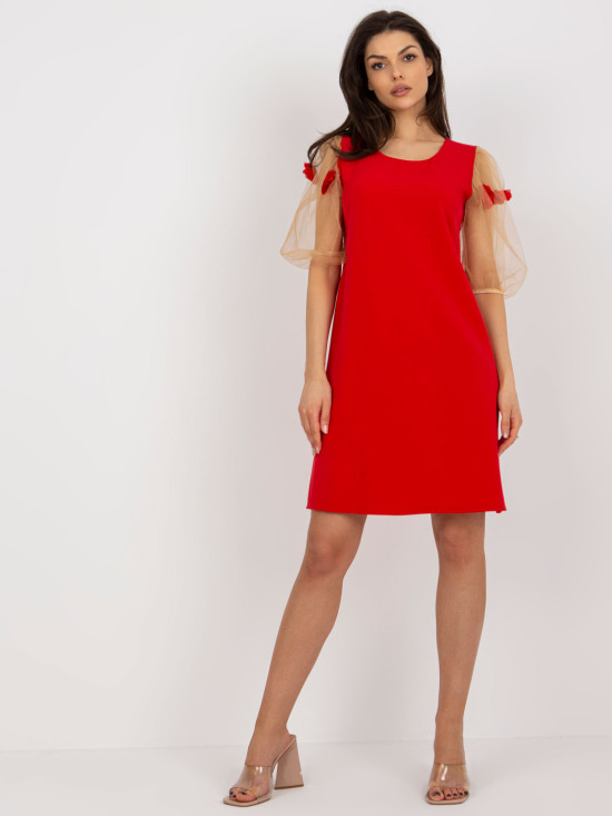 Abito cocktail rosso con fiori 3D