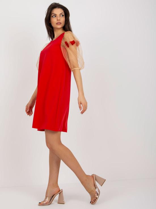 Abito cocktail rosso con fiori 3D