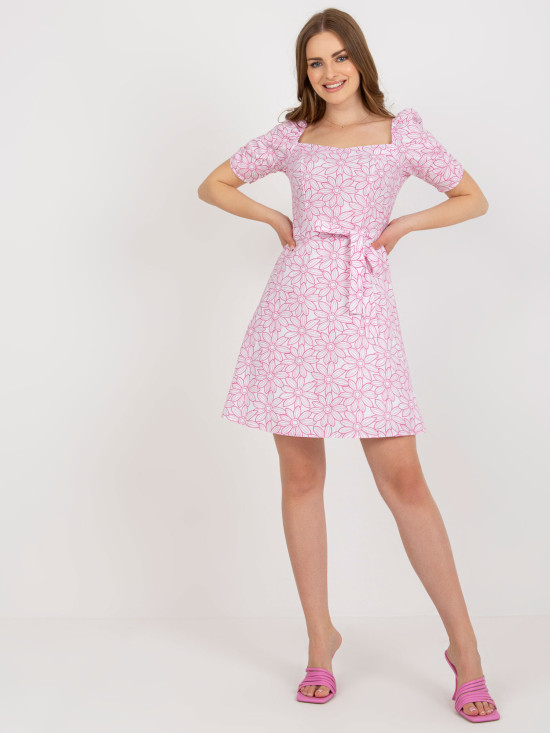 Abito in cotone bianco-rosa con motivo floreale