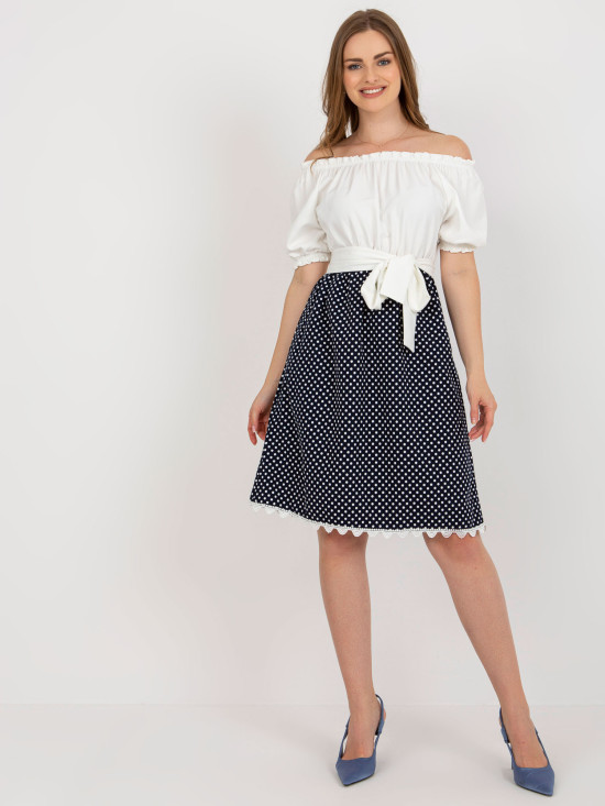 Abito cocktail ecru-blu con cintura