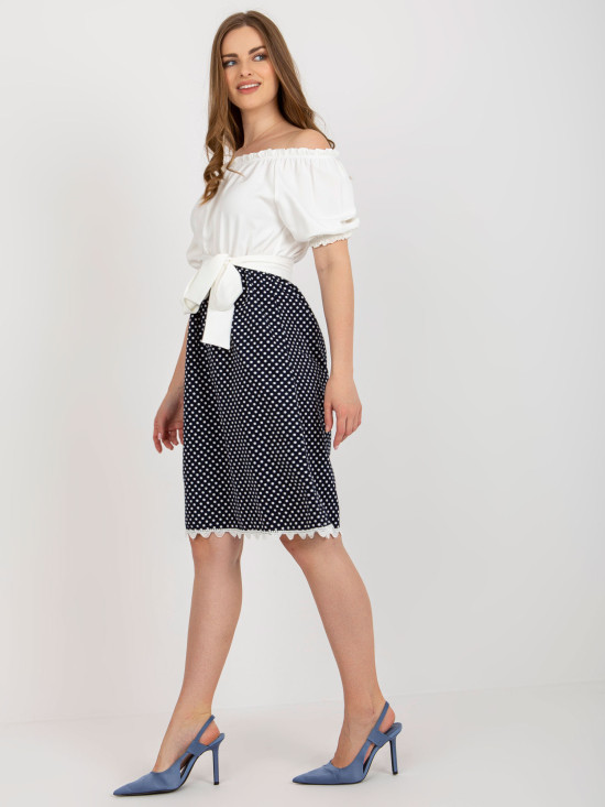Abito cocktail ecru-blu con cintura