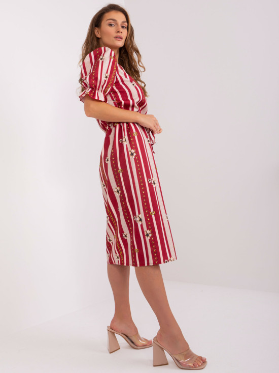 Abito Midi Bordeaux con Stampa e Coulisse