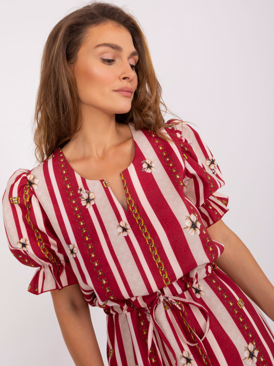 Abito Midi Bordeaux con Stampa e Coulisse