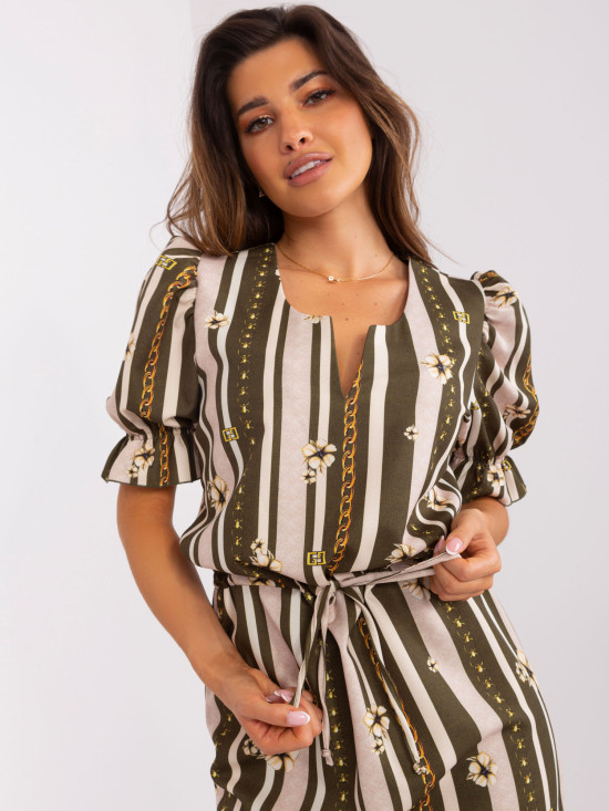 Abito midi khaki con stampa e maniche corte