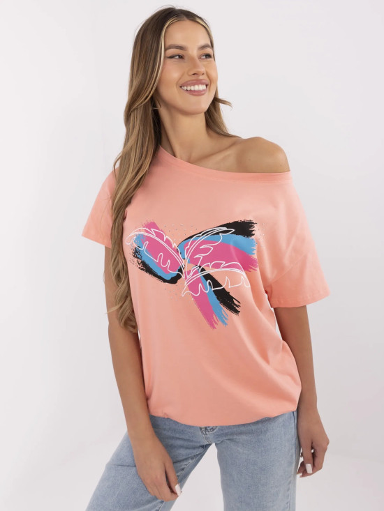 T-shirt corallo con applicazione e ricamo