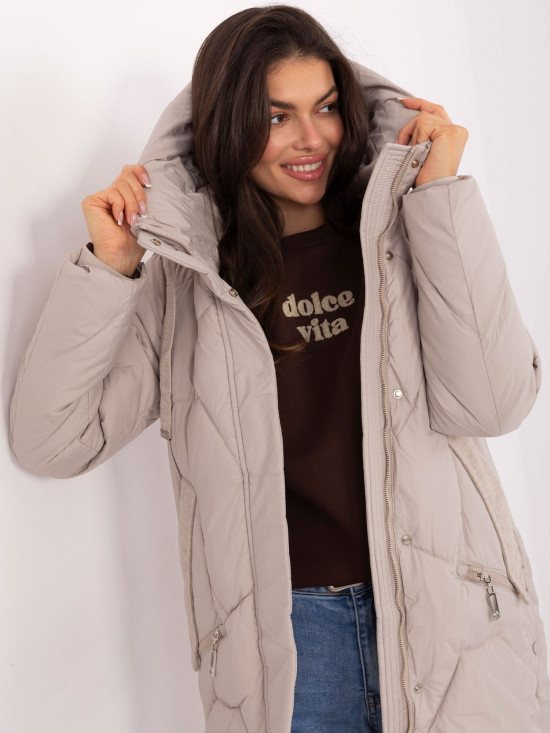 Cappotto lungo trapuntato beige con cappuccio